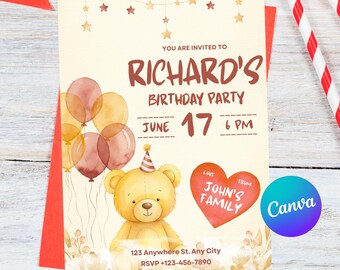 Invitación de cumpleaños con osito de peluche en acuarela (plantilla editable de Canva) Descarga digital