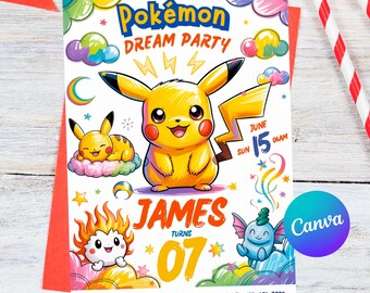 Invitación a la fiesta de ensueño de Pokémon, tarjeta de cumpleaños de Pikachu, plantilla editable de Canva, descarga digital, invitación de cumpleaños para niño, linda fiesta de Pokémon