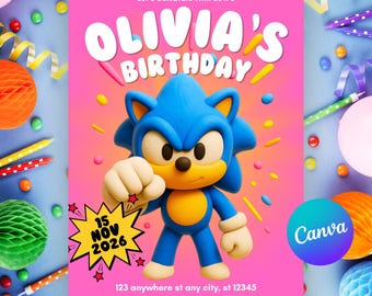 Invitación de cumpleaños de Sonic imprimible / Invitación editable para fiestas infantiles / Tarjeta de cumpleaños de videojuegos / Invitación digital para fiestas de gamers de descarga instantánea