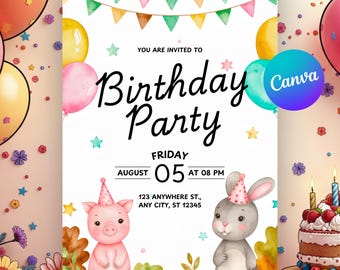Invitación de cumpleaños de Cerdito y Conejito (Plantilla editable de Canva) Descarga digital