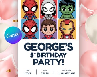 Invitación de cumpleaños de superhéroes editable, invitación para fiesta de Spider-Man estilo Chibi de los Vengadores (descarga digital)