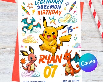 Invitación de cumpleaños de Pokémon, invitación para fiesta de cumpleaños de Pikachu, plantilla editable de Canva, descarga digital, tarjeta de cumpleaños para niño, fiesta de Charizard