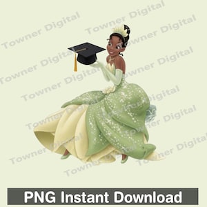 Puede incluir: Una ilustración digital de un personaje de piel oscura y cabello recogido, que viste un vestido verde claro con falda de pétalos y guantes largos a juego, sosteniendo en sus manos un birrete de graduación negro con una borla dorada.