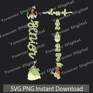 May include: A digital graphic design featuring the text class of 2027 and senior in a light green font. The design includes illustrations of a character in a green gown and tiara, a frog, and graduation caps. The background is dark gray.