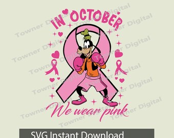 Cute In October We Wear Pink SVG, Breast Cancer Awareness Cartoon Dog SVG, Pink Ribbon SVG, Mouse Boxing Cancer Svg