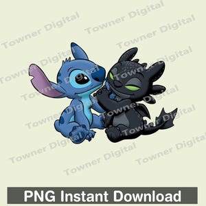 May include: A digital illustration featuring Stitch from Lilo & Stitch and Toothless from How to Train Your Dragon. Stitch is blue with large ears, and Toothless is black with green eyes. The image includes the text "PNG Instant Download".
