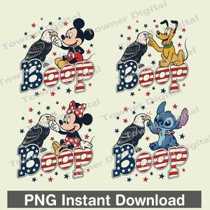 May include: Four graphic illustrations featuring a bald eagle being poked on the nose by Mickey Mouse, Pluto, Minnie Mouse, and Stitch. Each character sits above the word Boop, written in red and white stripes with blue star-patterned letters.