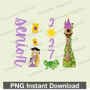 May include: A digital graphic featuring the word Senior in purple, a cartoon character with long blonde hair wearing a graduation cap, two yellow lanterns, a yellow sun, the number 2027 in purple, a green chameleon, and a tall stone tower.