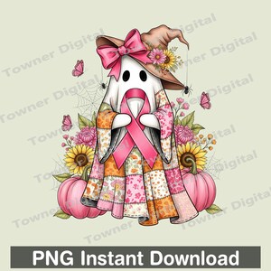 May include: A whimsical illustration of a ghost wearing a witch hat and patchwork robe, holding a pink ribbon. Pink pumpkins, sunflowers, and butterflies surround the ghost. The image includes the text "PNG Instant Download".