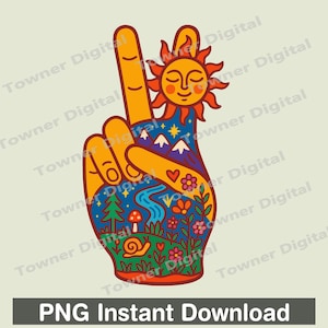 Mão com sinal de paz hippie PNG, Natureza boho hippie PNG, Sinal de paz PNG sublimação, PNG ao ar livre