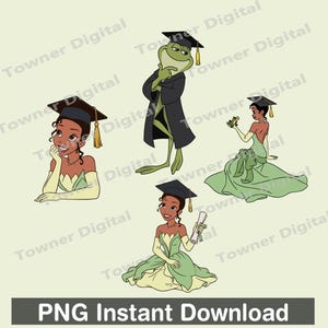 May include: A digital illustration set featuring a cartoon character in a green gown and a frog, both wearing black graduation caps with yellow tassels. The character is shown in three poses, including holding a diploma, while the frog stands upright.