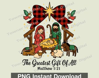 Christian Nativity Scene PNG, Faith Christmas Png, The Greatest Gift Matthew 1:21 PNG, Christian Christmas Buffalo Plaid Sublimation