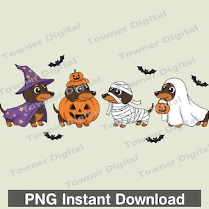 Puede incluir: Ilustración digital de cuatro perros salchicha disfrazados para Halloween: una bruja, una calabaza, una momia y un fantasma. Murciélagos negros vuelan alrededor de los perros. Incluye el texto "PNG Instant Download".