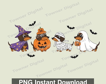 Mignon Halloween teckel PNG, effrayant Weenie chien Png, Trick or Treat teckel Png, sorcière citrouille momie chien fantôme Png