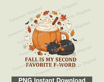 Herfst is mijn tweede favoriet F Word png, grappige herfstkoffiekat png, Pumpkin Spice Latte en Black Cat Halloween png-bestanden