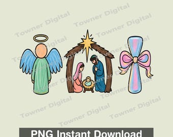 Nativity Scene PNG, Jesus Christmas PNG, Christian Christmas Digital Download Sublimation, Angel Manger Cross Bow Png