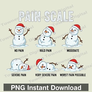 May include: A light beige graphic features a pain scale with snowmen in various states of distress. The text "PAIN SCALE" is at the top, with levels from "No Pain" to "Worst Pain Possible." The bottom reads "PNG Instant Download."