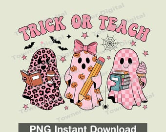 Trick or Teach Halloween PNG, Cute Teacher Ghost Clipart, Spooky Leopard and Pink Check Ghosts Png, Teacher Sublimation