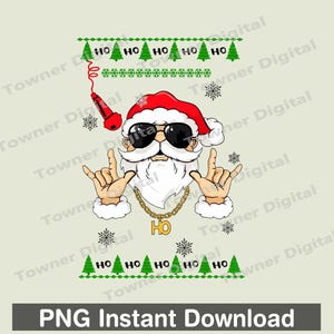 Puede incluir: Un diseño gráfico con Papá Noel con gafas de sol y una cadena de oro con la palabra "HO". El diseño incluye el texto "HO" y árboles de Navidad. La imagen también incluye el texto "PNG Instant Download".