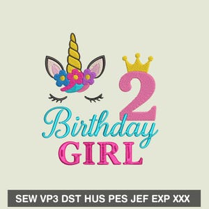 Einhorn Geburtstagskind Zwei Jahre Stickdateien Designs Hus Pes Dateien Sofort-Download, Einhorn niedliches Gesicht Geburtstagsstickerei nähen vp3 dst Dateien