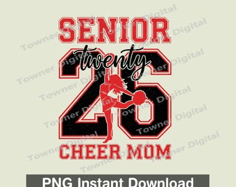 Puede incluir: Diseño gráfico rojo y negro con las palabras "SENIOR", "twenty", "26" y "CHEER MOM". Una silueta de animadora está en el centro. Las palabras están en negrita, fuente de estilo universitario. El fondo es de color beige claro.