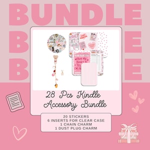 May include: A pink bundle of Kindle accessories, including stickers, inserts, a chain charm, and a dust plug charm. The bundle includes a variety of decorative items with the text "BUY ME BOOKS & TELL I'M P" and "STAY BOOKISH".