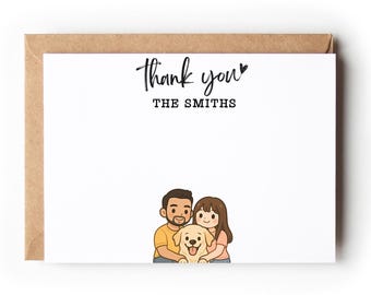 Custom Thank You with Family Pet Portrait Cute Cartoon Art, Personalized Note Card Set, Personalized Stationery, Custom Stationery Set ZZ12