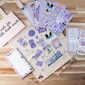 May include: A selection of fantasy-themed stationery and accessories in purple, white, and beige. Includes bookmarks, stickers, a notepad, a tote bag, and a keychain. The items feature illustrations of bats, books, and potion bottles.