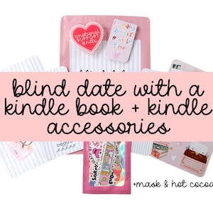 May include: A blind date with a Kindle book set including a pink pouch, a heart-shaped sticker reading Emotional Support Kindle, a rectangular sticker reading so many books a little time, a holographic sticker pack, and a card with a typewriter illustration.