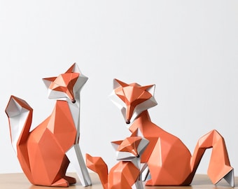 Geometric Fox Resin Figurine Set: Modern Woodland Decor