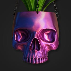 Puede incluir: Una maceta colgante con forma de cráneo humano con un acabado metálico iridiscente que cambia entre tonos morados, magenta y azules. El cráneo presenta cuencas oculares y cavidad nasal profundas, suspendido por tres cadenas de metal negro.
