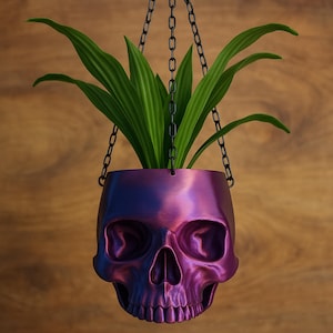 Op de afbeelding: Een paars en blauw schedelvormige hangende plantenbak met een groene plant. De plantenbak is opgehangen aan een zwarte ketting tegen een houten achtergrond. De schedel heeft gedetailleerde gelaatstrekken en een metallic afwerking.