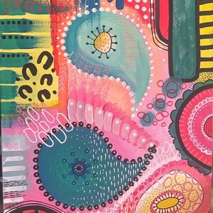 May include: Abstract painting with a pink, green and yellow colour scheme. The painting features two paisley shapes, one in green and one in pink, with a black outline. The background is filled with various shapes and patterns, including circles, dots and lines.
