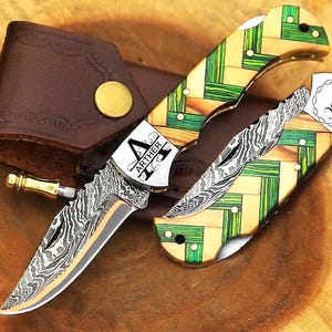 Copper Damascus Pocket Folding Knife, Handmade Copper Anniversary Gift Knife, Wooden Handle Personalized Groomsman Gifts, Best Gifts For Him