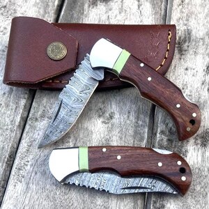 Handmade Damascus Pocket Knife Rose Wood Handle, Birthday Gifts, Folding Knife Groomsmen Gift Anniversary, Wedding Personalized Gift for Men