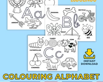 May include: Black and white coloring pages featuring the alphabet with corresponding illustrations. Includes an angel, ant, apple, airplane, banana, bee, bicycle, boat, bone, candy, car, caterpillar, cherries, cow, and crocodile. The text "COLOURING ALPHABET" is displayed.