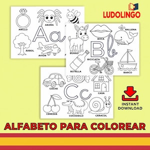 Może przedstawiać: Czarno-białe strony do kolorowania alfabetu z ilustracjami przedmiotów takich jak pierścionek, pająk, pszczoła, samochód i wiśnie. Tekst "ALFABETO PARA COLOREAR" znajduje się na dole, z czerwoną ikoną pobierania.