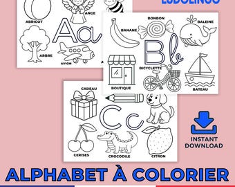 May include: Black and white line art coloring pages featuring fruits, animals, and objects, with French words. Includes an apricot, angel, bee, tree, airplane, banana, candy, whale, gift, bicycle, boat, cherries, crocodile, and lemon. The text "ALPHABET À COLORIER" is at the bottom.