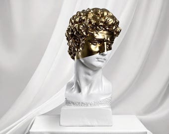 Handmade David Statue, Pop Art Sculpture, Greek Bust Statue, Human Face Statue, Bust Shelf Decor, Modern Art Bust Statue -- Part of Gold