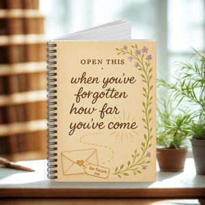 Ábrelo cuando hayas olvidado lo lejos que has llegado: cuaderno espiral vintage con rayas y afirmaciones, un regalo inspirador para tus amigos.