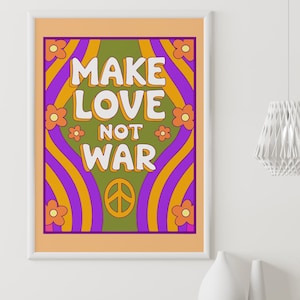 Póster "Haz el amor y no la guerra": arte mural hippie retro, impresión digital del símbolo de la paz, cita inspiradora de los años 70, decoración bohemia colorida para el hogar, psicodélica.