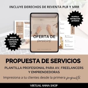 Service proposal template for entrepreneurs in Spanish, editable business proposal in Canva, with MMR/PLR resale rights