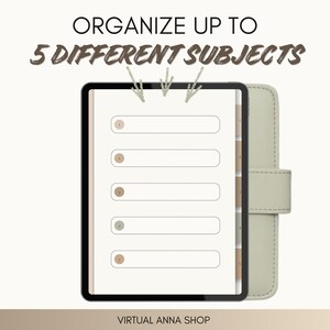 May include: A digital tablet displaying a planner page with five numbered entry fields and side tabs. The text "ORGANIZE UP TO 5 DIFFERENT SUBJECTS" appears at the top, and "VIRTUAL ANNA SHOP" is at the bottom. The tablet is set against a sage green cover.