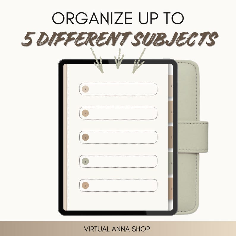 May include: A digital tablet displaying a planner page with five numbered entry fields and side tabs. The text "ORGANIZE UP TO 5 DIFFERENT SUBJECTS" appears at the top, and "VIRTUAL ANNA SHOP" is at the bottom. The tablet is set against a sage green cover.