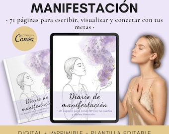 Journal de manifestation numérique et imprimable en espagnol. Journal de gratitude et d'abondance. Modèle Canva modifiable avec droits PLR-MRR.