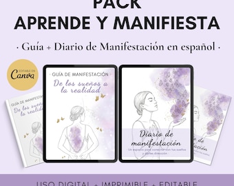 Kit de manifestation en espagnol, guide et journal de manifestation modifiable sur Canva avec droits PLR-MRR, loi de l'attraction et de l'abondance