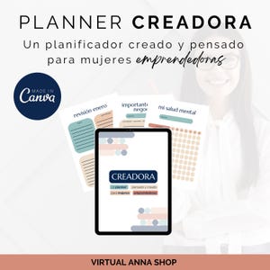 Puede incluir: Un planificador digital para emprendedoras, con el texto "PLANNER CREADORA" y "Un planificador creado y pensado para mujeres emprendedoras". El planificador está abierto en la pantalla de una tableta y muestra una página con el texto "CREADORA" y "un planner pensado y creado para mujeres emprendedoras".