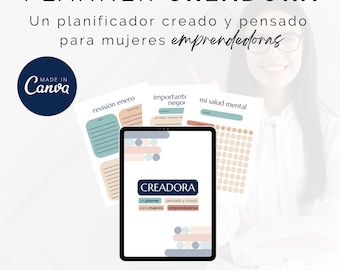 May include: A digital planner for entrepreneurs, with the text "PLANNER CREADORA" and "Un planificador creado y pensado para mujeres emprendedoras". The planner is open on a tablet screen and shows a page with the text "CREADORA" and "un planner pensado y creado para mujeres emprendedoras".