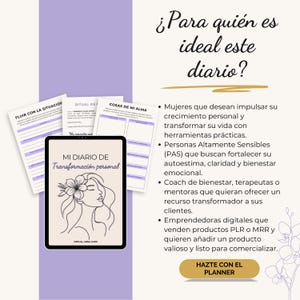 May include: A digital planner with the text "MI DIARIO DE Transformaci&oacute;n personal" and a floral illustration. The image includes pages with text and a list of benefits for the planner. The text "HAZTE CON EL PLANNER" is also visible.