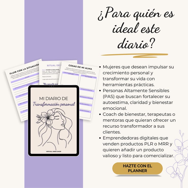May include: A digital planner with the text "MI DIARIO DE Transformaci&oacute;n personal" and a floral illustration. The image includes pages with text and a list of benefits for the planner. The text "HAZTE CON EL PLANNER" is also visible.